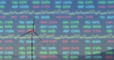 The image shows a stock market display with red, blue, and green stock market tickers and graphs