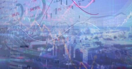 Image of financial data processing over cityscape