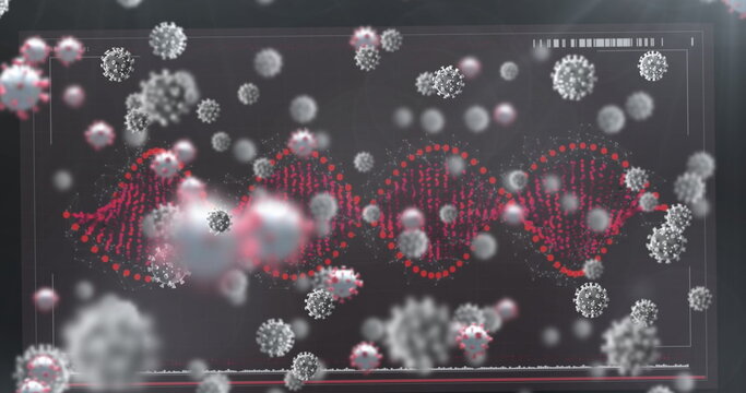 Image of falling cells and dna strand on dark background