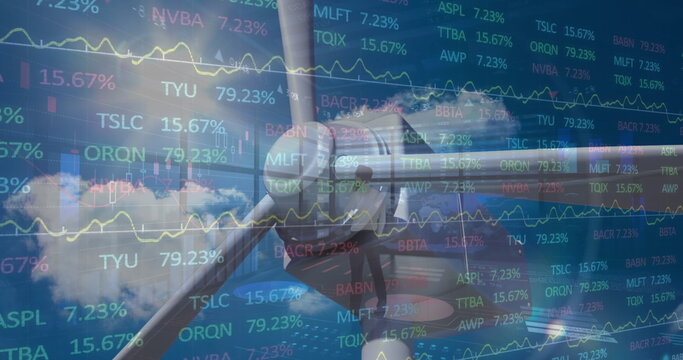 A wind turbine image and businessman symbolize stock market data processing. - Powered by Adobe