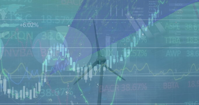 Image of statistical and stock market data processing against spinning windmill