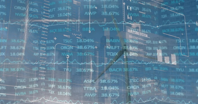 Image of interface with stock market data processing over spinning windmill against blue sky