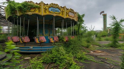 Obraz premium An abandoned amusement park overgrown with plants