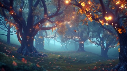 A whimsical forest with trees that have glowing leaves