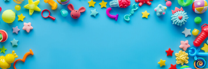 Colorful childrens toy frame on vibrant blue background 