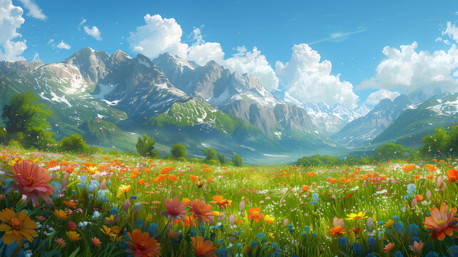 Beautiful image of a field with flowers against the backdrop of majestic mountains