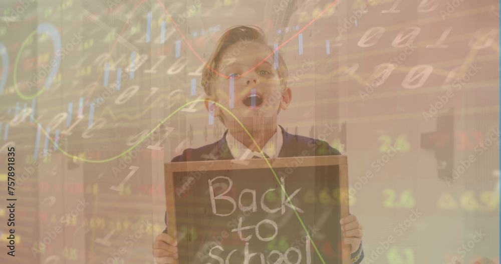 Poster image of data processing over caucasian boy with back to school text