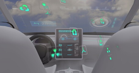 Image of data processing and ecology icons over car