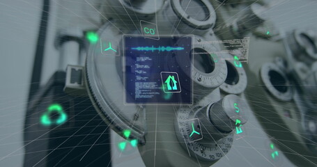 Image of data processing and ecology icons over microscope