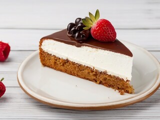 Free  Photo Chocolate cake with cream and berries on a light background Selective focus. 