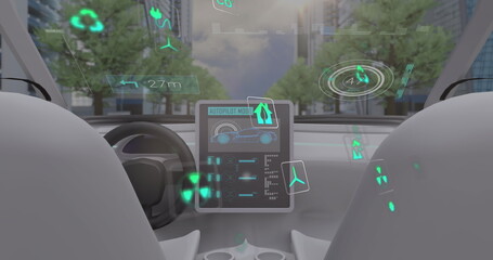 Image of data processing and ecology icons over car and city