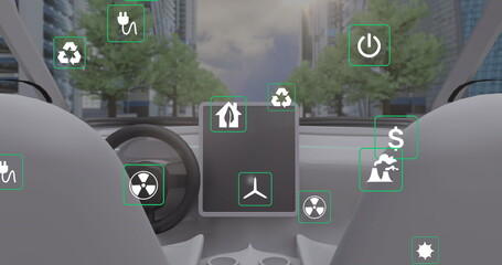 Image of data processing and ecology icons over city and car