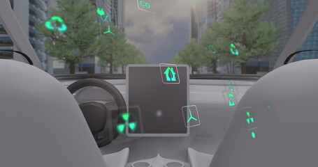 Image of data processing and ecology icons over city and car