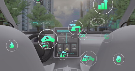Image of data processing and ecology icons over car and city