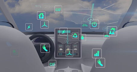 Image of data processing and ecology icons over car and clouds