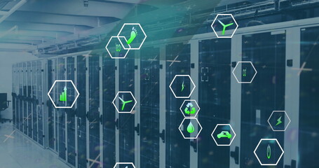 Image of data processing and ecology icons over server room