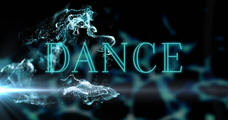 Image of neon dance text banner over blue light spot and digital waves against black background
