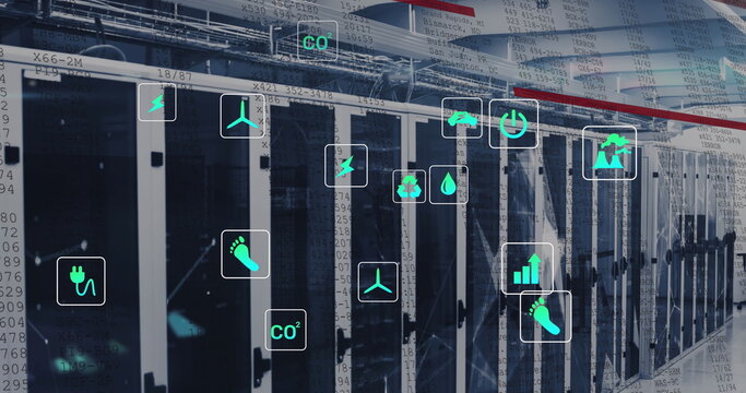 Image of data processing and ecology icons over server room
