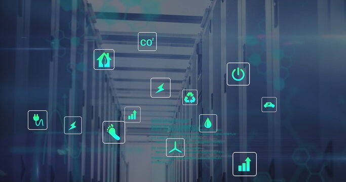 Image of data processing and ecology icons over server room