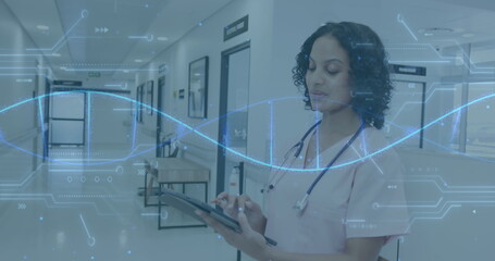 Image of dna strand and medical data processing over biracial female doctor