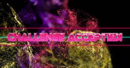 Image of challenge accepted text over purple and golden digital waves on black background