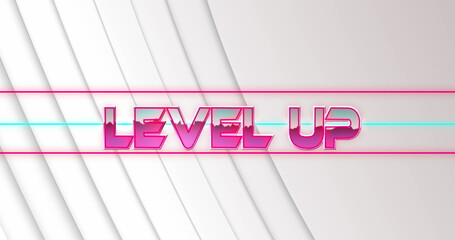 Image of level up text banner against geometric striped textured pattern on grey background