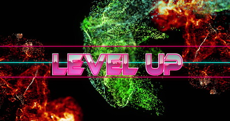 Image of level up text banner over digital waves against black background