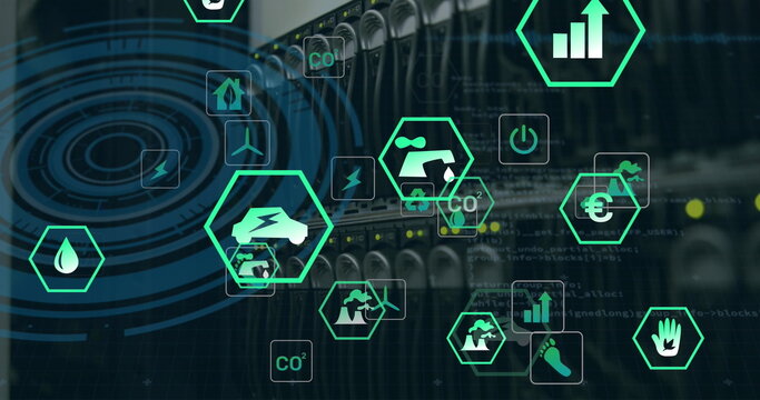 Image of data processing and ecology icons over server room