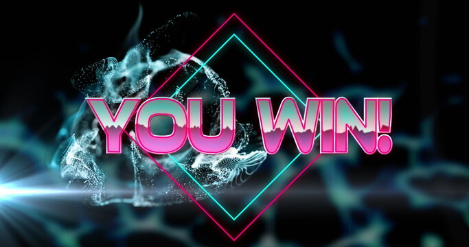 Image of you win text banner over blue light spot and digital waves against black background - Powered by Adobe