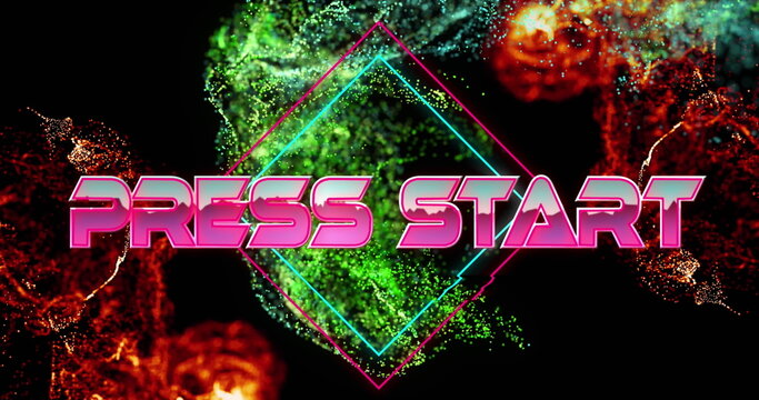 Image of press start text banner over digital waves against black background