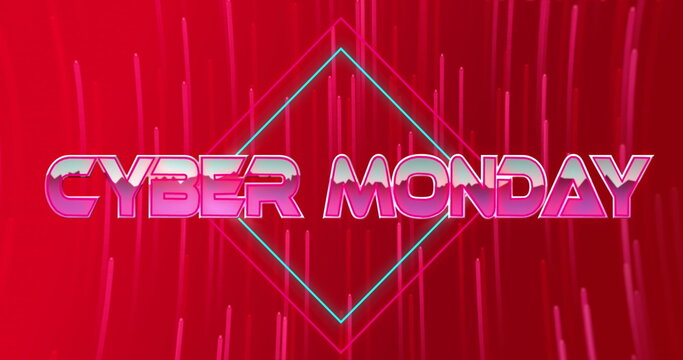 Image of cyber monday text banner over neon pink light trails spinning against red background