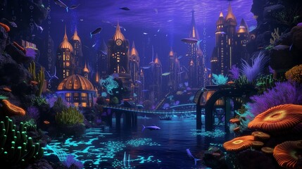  underwater city lit by coral and fish