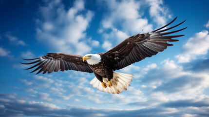 Obraz premium Bald eagle on sky, wildlife conservation concept, photo shot