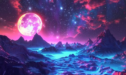 Obraz na płótnie Canvas Pink Moon Rising Over a Neon-Lit Mountain Range Generative AI