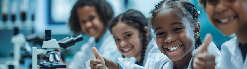 Group of children doing their dream job as Biologists at the laboratory. Concept of Creativity, Happiness, Dream come true and Teamwork. Horizontal, banner. - obrazy, fototapety, plakaty