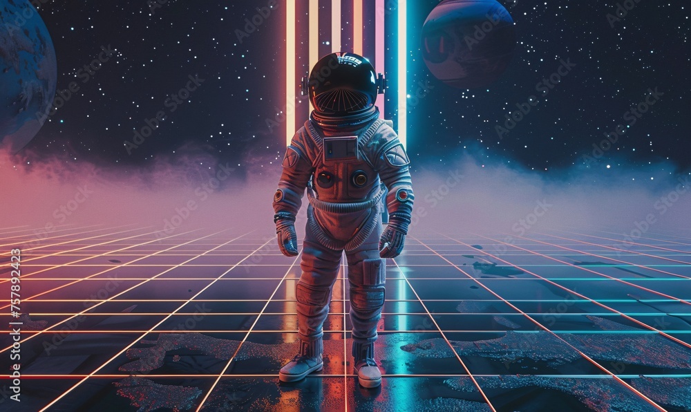 Poster astronaut in space suit on a rainbow background generative ai