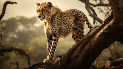 Cheetah walks down tree in meadow savannah, photo shoot