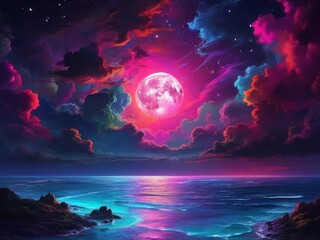 Fototapeta na wymiar neon light art in the dark of night moonlight seas cloud HD Wallpapers