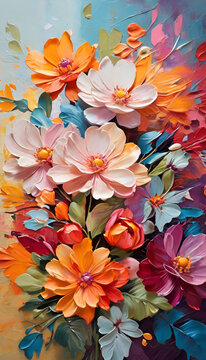 colorful oil painting flowers on canvas. Abstract background.