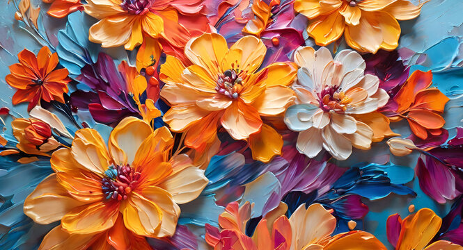 colorful oil painting flowers on canvas. Abstract background.