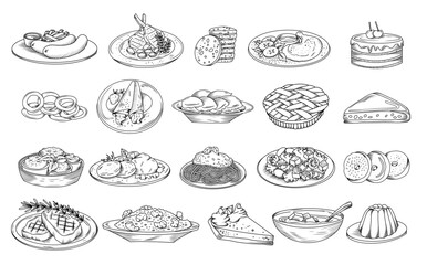 Set of hand drawn culinary dishes illustration (pancakes, sausages, risotto, steak, pie, dumplings, cake, Greek salad, cutlets, spaghetti, soup etc), vector sketch isolated illustration of food - 757892605