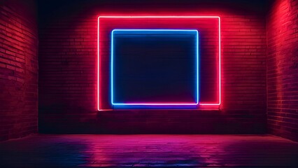 Lighting effect of red and blue neon light frame on brick wall background. 3D rendering illustration with copy space for design, backdrop, wallpaper, template, artwork