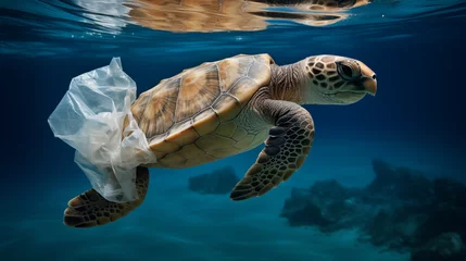 Poster Sea turtle wrapped in plastic bag, wildlife conservation, photo shoot © Nittaya