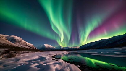 Scenic view of Aurora Borealis, northern lights over the mountains and reflection on the water. Landscape background for backdrop, template, wallpaper