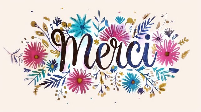 Merci - Thank you in French language. Modern calligraphy lettering text on beautiful background with floral elements.