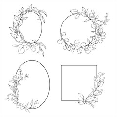 Vector set of elegant geometric frames decorated by eucalyptus and greenery branches, hand drawn wedding card design, botanical borders, hand drawn line art floral illustration