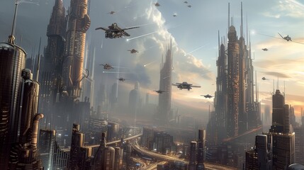A steampunk cityscape with flying vehicles and towering skyscrapers