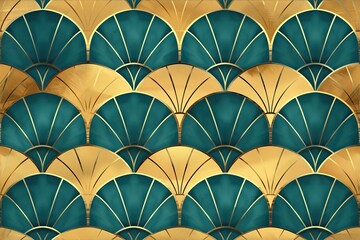 Art deco style teal and gold fan shape pattern background. 