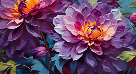 Zelfklevend Fotobehang oil painting beautiful dahlia flowers on canvas. Abstract background. © Nusrat