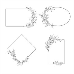 Vector set of elegant geometric frames decorated by eucalyptus and greenery branches, hand drawn wedding card design, botanical borders, hand drawn line art floral illustration - 757892829
